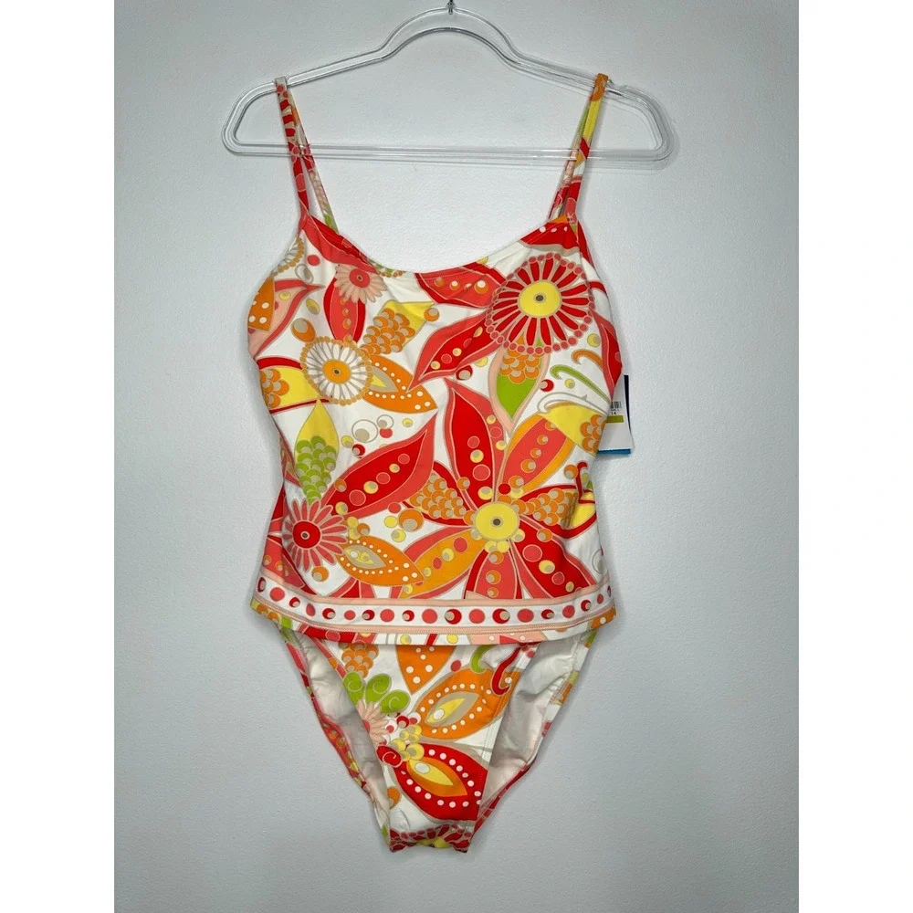 Jantzen One Piece‎ Swimsuit Size 14 Floral Artsy Red White Boho